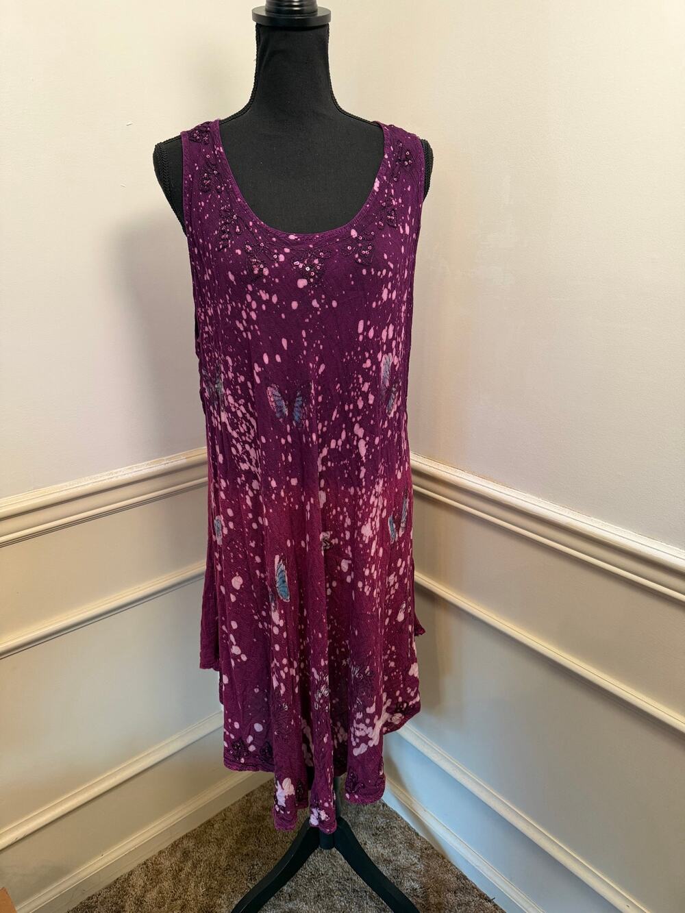 Greater Good Purple Tie Dye Butterfly Sundress Beaded Rayon Boho Free Size Dress